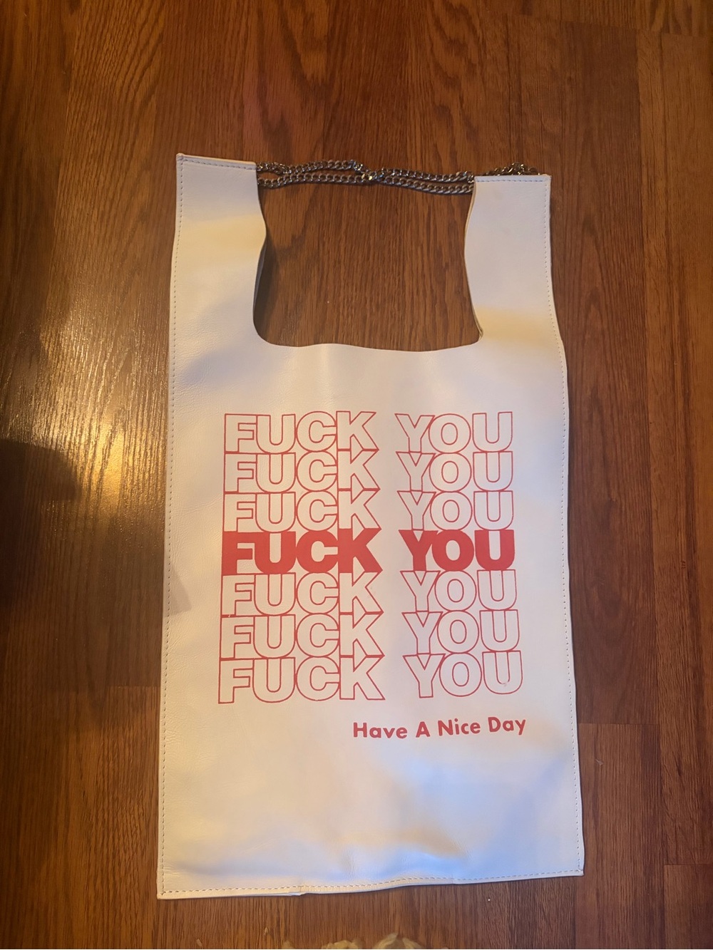 R 13 White leather Tote Bag with Red Graphic Text - have a nice day FU